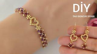 Minik kalpli zarif bileklik & küpe  Tiny heart stud earrings & bracelet. How to make beaded jewelry