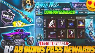 BGMI NEXT ROYAL PASS  A8 RP BONUS PASS 1 TO 110 REWARDS  BGMI A8 ROYAL PASS 1 TO 100 RP REWARDS