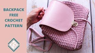 Backpack free crochet pattern with leather base accessories using T-shirt yarn