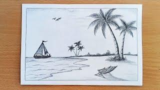 Cara menggambar pemandangan Pantai Laut dengan sketsa pensil. Langkah demi langkah undian mudah