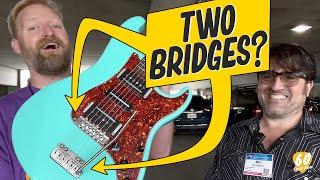 A GUITAR WITH TWO BRIDGES??? - Checking out the Alameda Clamshack in the NAMM parking garage.