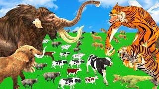 10 Mammoth Elephant Cow vs 10 Giant Tiger Wolf Bull vs Zombie Dinosaur Fight Lion Cub Saved Mammoth