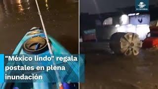 Otro tinaco navegando y un hombre paseando en kayak así las inundaciones en Guadalajara