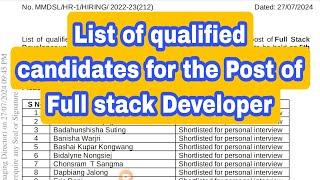 List of qualified candidates for personal interview for the post of Full Stack DeveloperMMDSL