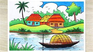 Beautiful Village Scenery Drawing Landscape Drawing and coloring easy