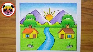 Scenery Drawing  How to Draw Beautiful Landscape Scenery  Village Scenery Drawing Easy Steps
