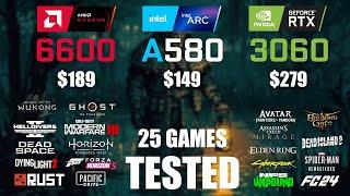 RX 6600 8GB vs ARC A580 8GB vs RTX 3060 12GB  R9 - 7950X3D  1080p - 25 Games Tested