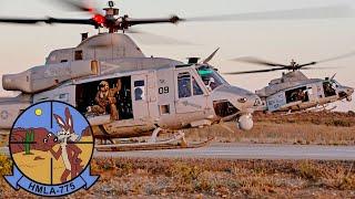 USMC Coyotes. UH-1Y Venom and AH-1Z Viper helicopters. Military exercises in California.