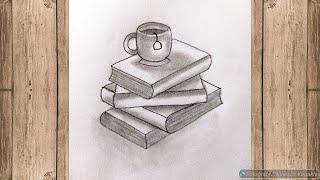 Karakalem Kitap ve Çay Fincanı çizimi ️ Yeni başlayanlar için kolay çizim ️