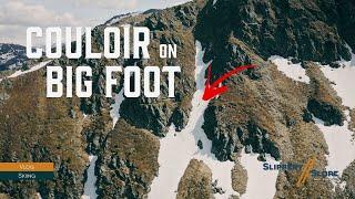 Skiing a steep couloir on tiny skis