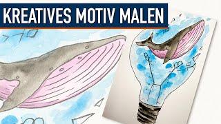 Kreatives Motiv Malen  Glühbirne mit Wal Motiv - Komplettes Malen Tutorial