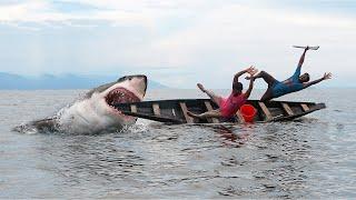 Shark Attack on Fishing Boat  fun made great white shark attack video at sea part 7