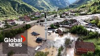 Catastrophic Drone shows towns in Bosnia washed out by landslides floods