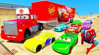 SPIDERMAN McQueen Vs MACK TRUCK Twin YELLOW RAMP Challenge  SUPERHEROES HULK Disney Cars  - GTA V