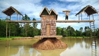 Survival Girl Living Alone Building a Wooden House with Relaxing Place on Sea Across Bridge by Hand