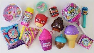 Toy candy dispensers opening Pikmi Pops squishies glitter putty slime and surprises