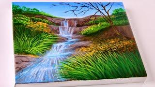 Waterfall painting  Waterfall acrylic painting  Painting tutorial step by step