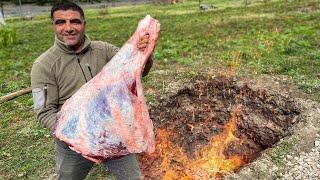 Roasting a Huge Beef Thigh Underground for my Wife 5 HOURS OF COOKING