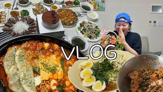 VLOG  생일 전야제 먹방브이로그  두찜 불닭로제찜닭 열무비빔밥 냉쫄면 생일전야제 어머님표 생일상 60계 간지치킨 등