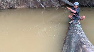 BAHANYA. MANCING DARI ATAS KAYU YANG MELINTANG DI SUNGAI SANGKING ASIK NYA SAMPAI LENGAH