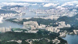 Stunning Approach and Landing into Hong Kong Airport Just After Sunrise. Boeing 777 Cathay Pacific