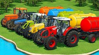 JOHN DEERE vs FENDT vs CLAAS vs VALTRA TRACTORS BATTLE WITH FUEL TANKS - Farming Simulator 22