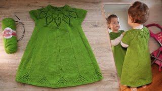 Круглая кокетка «Листья» спицами для детского платья часть 3 Baby Dress with Round Yoke 