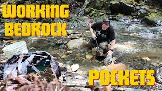 Prospecting for gold in buffalo brook Plymouth VT. searching pockets in the bedrock.