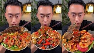 ASMR Eating Spicy Pork Ribs Trotter Feet Fried Fish Chicken Meat Shrimp Lettuce Eating Mukbang