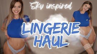 4K Fabulous Lingerie Try-On Haul  Sky Blue Set & White Stockings Review 2024