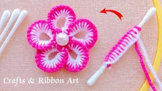 Amazing Woolen Flower Making Ideas with Cotton Buds - Hand Embroidery Easy Trick - DIY Woolen Flower