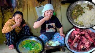 Buff bones soup recipe and rice cooking & eating in the village  nepali mountain village life food