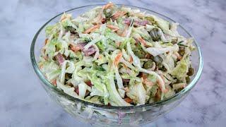 Салат-ОБЪЕДЕНИЕ из капусты. До чего же вкусный Рецепт салата из свежей капусты горошка колбасы.