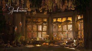 Cozy Witchs Cabin in Autumn Forest ASMR AmbienceRain Thunder Witchy Kitchen Sounds Soft Music