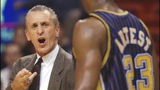 Ron Artest yells at Keith Atkins then is shoved by Pat Riley