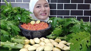 MUKBANG BATANG DAUN PEPAYA JENGKOL MUDA SAMBEL TERASI  TANPA NASI  MUKBANG INDONESIA