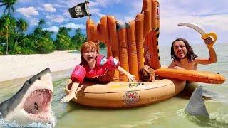 DOG RESCUE MiSSiON  Pirate Ship and Swimming with pretend Sharks family day playing at the lake