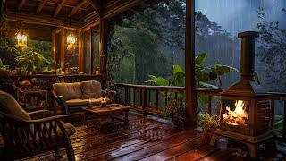 Rainy Tropical Forest Ambience  Soft Rain and Thunder with Fireplace At Cozy Porch  Sleep Relax