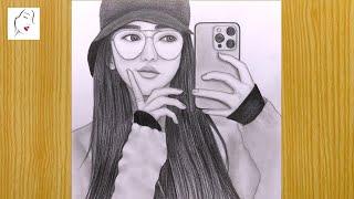 How to draw a girl with glasses easy  A Girl with Selfie Drawing  BTS Cap Girl Drawing  Drawing