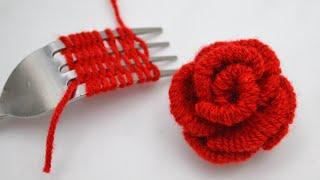 Woolen Rose making trick with fork  No crochet yarn flowers  DIY woolen flower  Embroidery hack