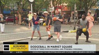 Mary Ours plays dodgeball in Market Square