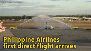 Philippine Airlines RP-C9936 first direct Manila to Perth flight arrives on March 27 2023.