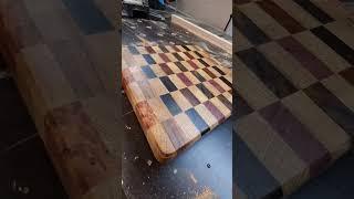 end grain cutting board from 8 different wood types.  Exotic wood cutting board #purpleheart #diy