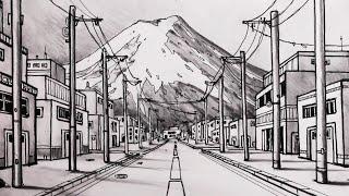 How to Draw a Road in One-Point Perspective and Street View of Mt. Fuji Narrated