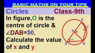 In figure O is the centre of circle & ∠DAB=50. Calculate the value of x and y #class9circles