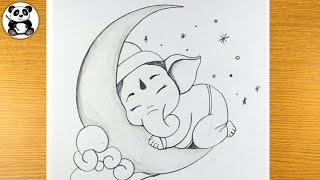 Cute Ganesha sleeping on moon  ganpati bappa drawing