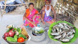 SMALL FISH curry with raw banana and karela vaji cooking in tribal method by our grandma