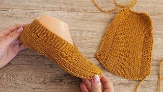 Следки спицами одним полотном «по турецки»  Easy knit slippers pattern tutorial