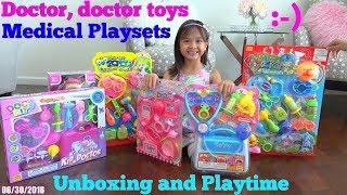 Kids Medical Doctor Pretend Playtime with Hulyan and Maya. Doctors Equipment Playsets Unboxing