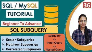 36 Subquery in SQL   Complete Subqueries Tutorial in ONE Video  Types of Subqueries  Advance SQL